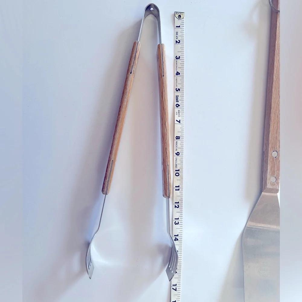 Weathered Professional Stainless Steel BBQ Spatula and Tongs with Wooden Handles